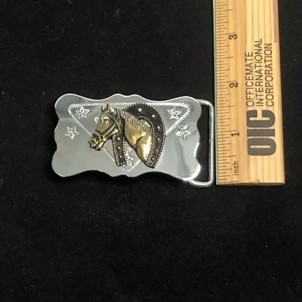 vintage metal horse belt buckle‎ two tone metal horseshoe mirror finish western